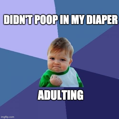 Just kidding | DIDN'T POOP IN MY DIAPER; ADULTING | image tagged in memes,success kid | made w/ Imgflip meme maker