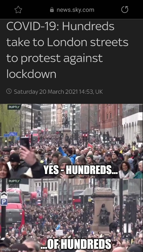 The media haha... |  YES - HUNDREDS... ...OF HUNDREDS | image tagged in covid-19,anti-lockdown,protesters | made w/ Imgflip meme maker