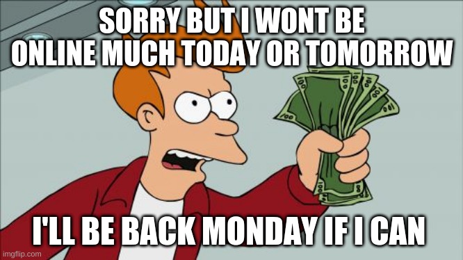 Shut Up And Take My Money Fry | SORRY BUT I WONT BE ONLINE MUCH TODAY OR TOMORROW; I'LL BE BACK MONDAY IF I CAN | image tagged in memes,shut up and take my money fry | made w/ Imgflip meme maker