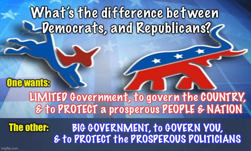 Which One are YOU? | What’s the difference between
 Democrats, and Republicans? One wants:; LIMITED Government, to govern the COUNTRY, 
& to PROTECT a prosperous PEOPLE & NATION; BIG GOVERNMENT, to GOVERN YOU, & to PROTECT the PROSPEROUS POLITICIANS; The other: | image tagged in democrats,republicans,political doctrine,worldview,the right,the wrong | made w/ Imgflip meme maker