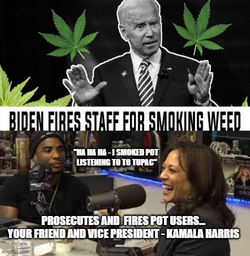 Your VP Kamala Harris | "HA HA HA - I SMOKED POT 
LISTENING TO TO TUPAC"; PROSECUTES AND  FIRES POT USERS...
YOUR FRIEND AND VICE PRESIDENT - KAMALA HARRIS | image tagged in politics,hypocrisy,double standards,joe biden,democrats,kamala harris | made w/ Imgflip meme maker