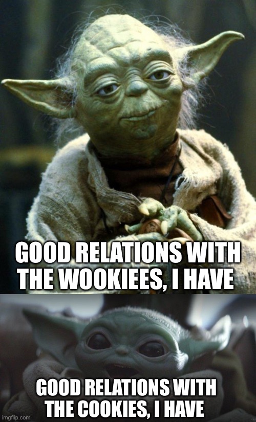  GOOD RELATIONS WITH THE WOOKIEES, I HAVE; GOOD RELATIONS WITH THE COOKIES, I HAVE | image tagged in memes,star wars yoda,baby yoda smiling,grogu,the mandalorian,star wars | made w/ Imgflip meme maker