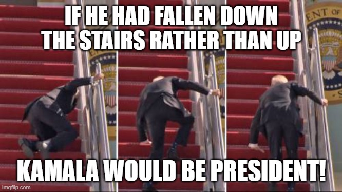 Biden Fall | IF HE HAD FALLEN DOWN THE STAIRS RATHER THAN UP; KAMALA WOULD BE PRESIDENT! | image tagged in joe biden,creepy joe biden,joe biden fall,kamala harris | made w/ Imgflip meme maker