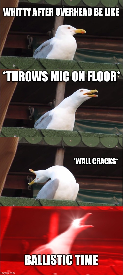 Whitty in a nutshell | WHITTY AFTER OVERHEAD BE LIKE; *THROWS MIC ON FLOOR*; *WALL CRACKS*; BALLISTIC TIME | image tagged in memes,inhaling seagull | made w/ Imgflip meme maker
