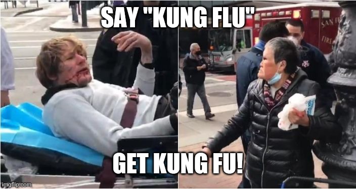 Let's hear it for Asian self-defence! | SAY "KUNG FLU"; GET KUNG FU! | image tagged in angry asian,covidiots,self defense,martial arts,batman slaps trump | made w/ Imgflip meme maker