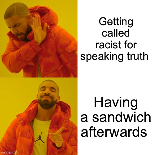Drake Hotline Bling Meme | Getting called racist for speaking truth Having a sandwich afterwards | image tagged in memes,drake hotline bling | made w/ Imgflip meme maker