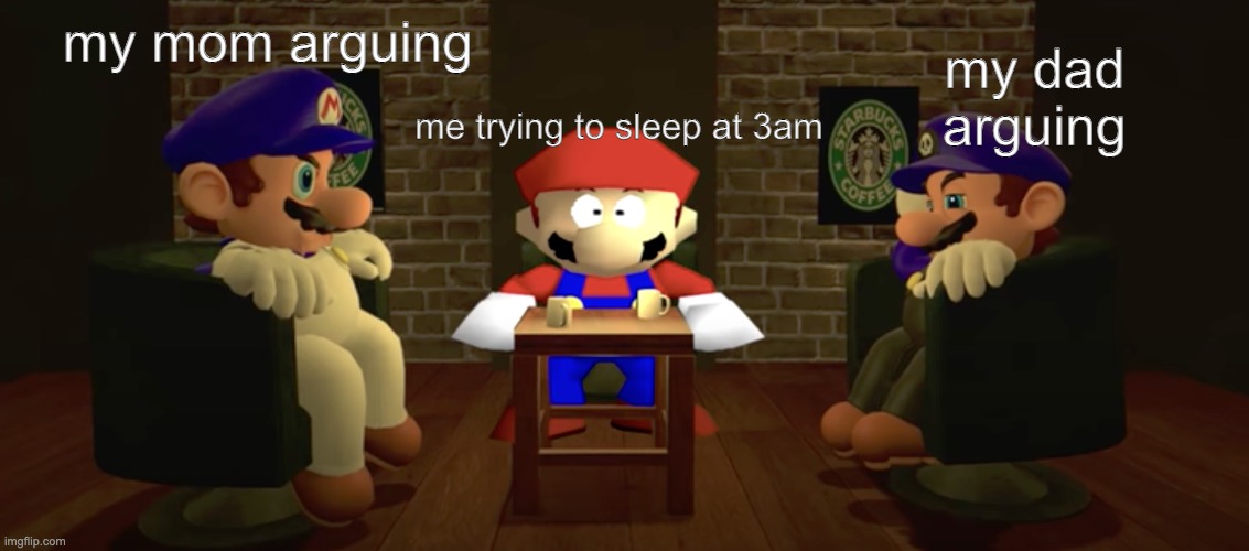 tired mario |  my dad arguing; my mom arguing; me trying to sleep at 3am | image tagged in smg4 | made w/ Imgflip meme maker