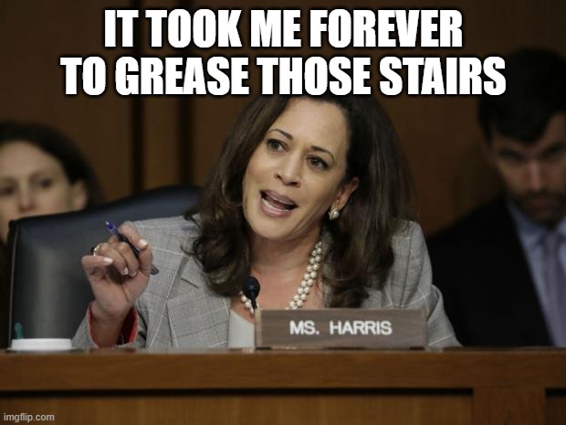 Kamala Harris | IT TOOK ME FOREVER TO GREASE THOSE STAIRS | image tagged in kamala harris | made w/ Imgflip meme maker