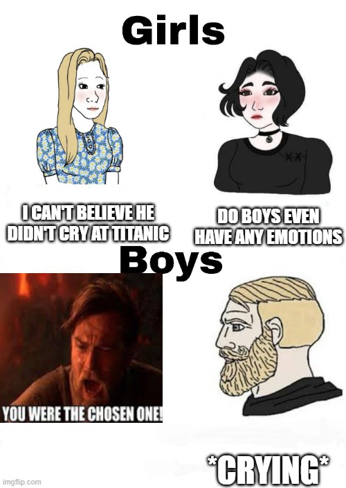 Girls vs Boys | I CAN'T BELIEVE HE DIDN'T CRY AT TITANIC; DO BOYS EVEN HAVE ANY EMOTIONS; *CRYING* | image tagged in girls vs boys | made w/ Imgflip meme maker