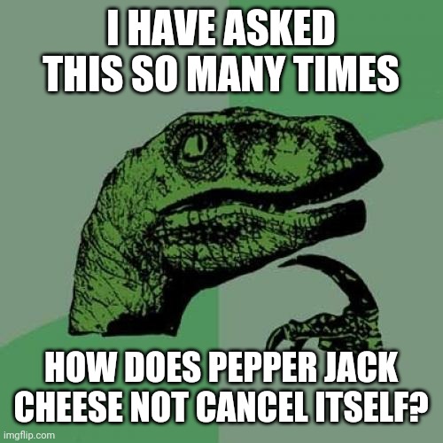 Philosoraptor | I HAVE ASKED THIS SO MANY TIMES; HOW DOES PEPPER JACK CHEESE NOT CANCEL ITSELF? | image tagged in memes,philosoraptor | made w/ Imgflip meme maker
