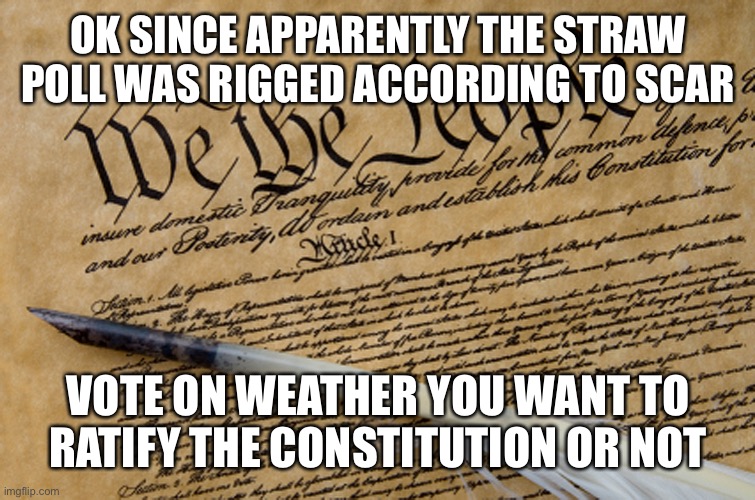 Yay or Nay? | OK SINCE APPARENTLY THE STRAW POLL WAS RIGGED ACCORDING TO SCAR; VOTE ON WEATHER YOU WANT TO RATIFY THE CONSTITUTION OR NOT | image tagged in constitution | made w/ Imgflip meme maker