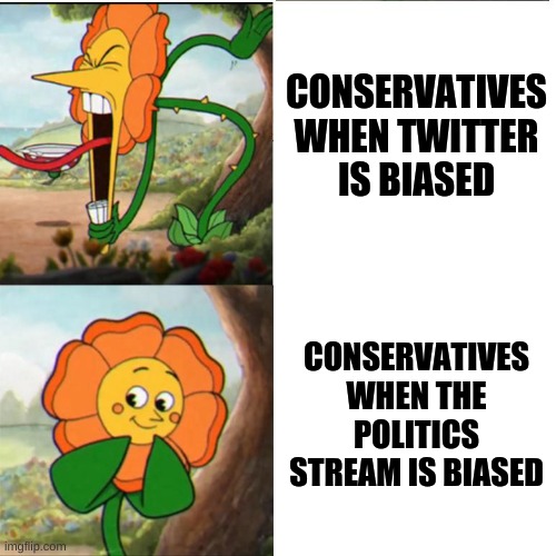 Hypocrisy | CONSERVATIVES WHEN TWITTER IS BIASED; CONSERVATIVES WHEN THE POLITICS STREAM IS BIASED | image tagged in cuphead flower | made w/ Imgflip meme maker