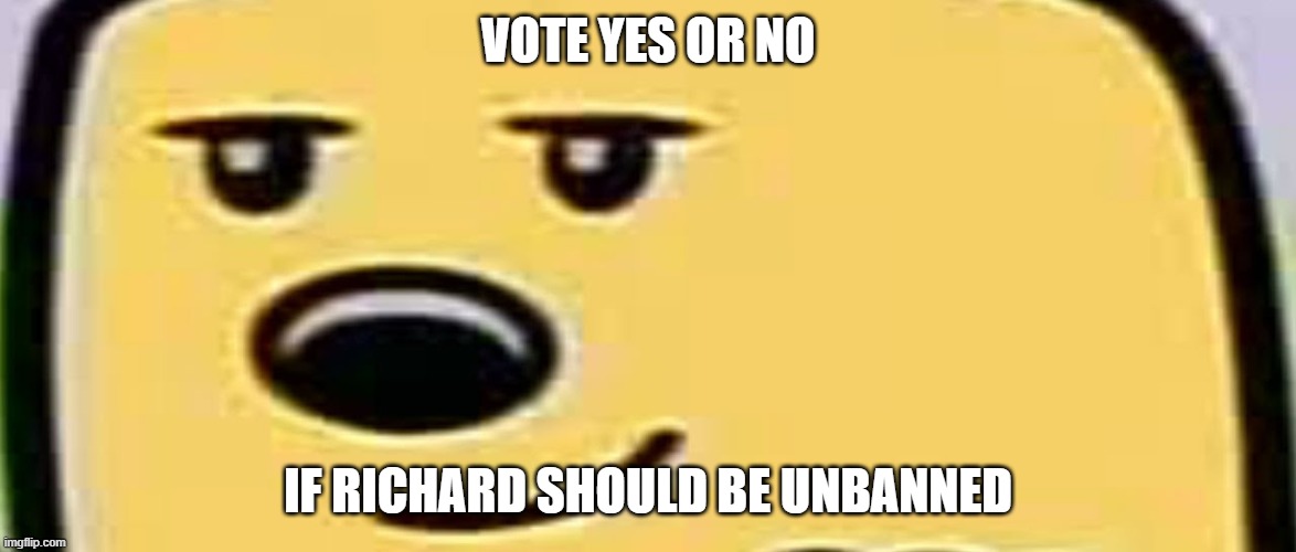 So lets see (unbanned from being able to run next election) | VOTE YES OR NO; IF RICHARD SHOULD BE UNBANNED | image tagged in wubbzy smug,unbanned | made w/ Imgflip meme maker