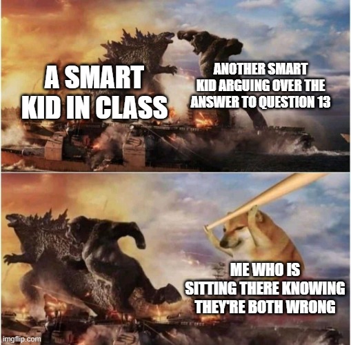 smart kid | ANOTHER SMART KID ARGUING OVER THE ANSWER TO QUESTION 13; A SMART KID IN CLASS; ME WHO IS SITTING THERE KNOWING THEY'RE BOTH WRONG | image tagged in kong godzilla doge | made w/ Imgflip meme maker