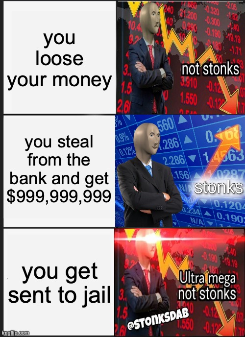 Panik Kalm Panik Meme | you loose your money; you steal from the bank and get $999,999,999; you get sent to jail | image tagged in memes,panik kalm panik | made w/ Imgflip meme maker