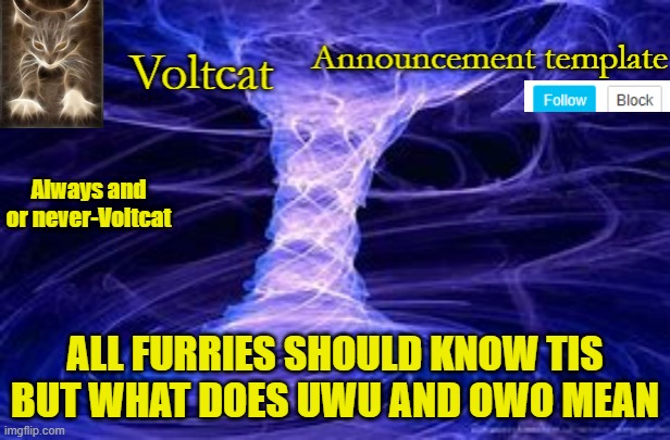 New Volcat Announcment template | ALL FURRIES SHOULD KNOW TIS BUT WHAT DOES UWU AND OWO MEAN | image tagged in new volcat announcment template | made w/ Imgflip meme maker