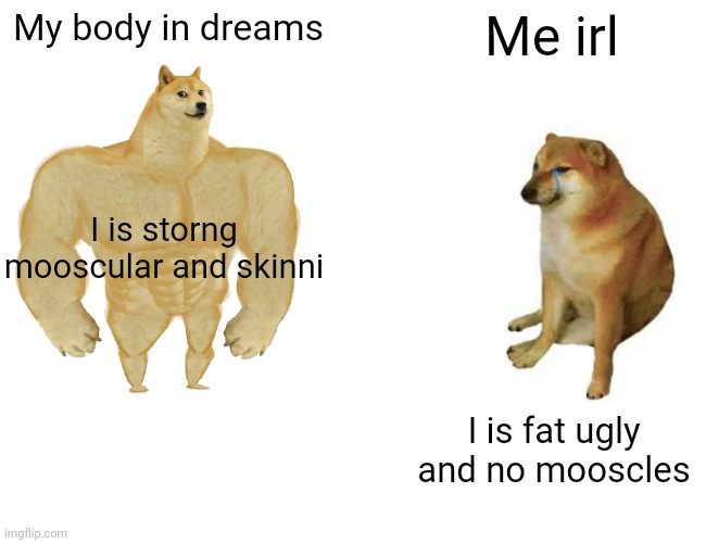 Buff Doge vs. Cheems | My body in dreams; Me irl; I is storng mooscular and skinni; I is fat ugly and no mooscles | image tagged in memes,buff doge vs cheems | made w/ Imgflip meme maker