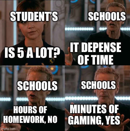 is 4 a lot? | STUDENT’S; SCHOOLS; IT DEPENSE OF TIME; IS 5 A LOT? SCHOOLS; SCHOOLS; HOURS OF HOMEWORK, NO; MINUTES OF GAMING, YES | image tagged in is 4 a lot | made w/ Imgflip meme maker