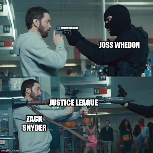 Godzilla Eminem | JUSTICE LEAGUE; JOSS WHEDON; JUSTICE LEAGUE; ZACK SNYDER | image tagged in godzilla eminem | made w/ Imgflip meme maker