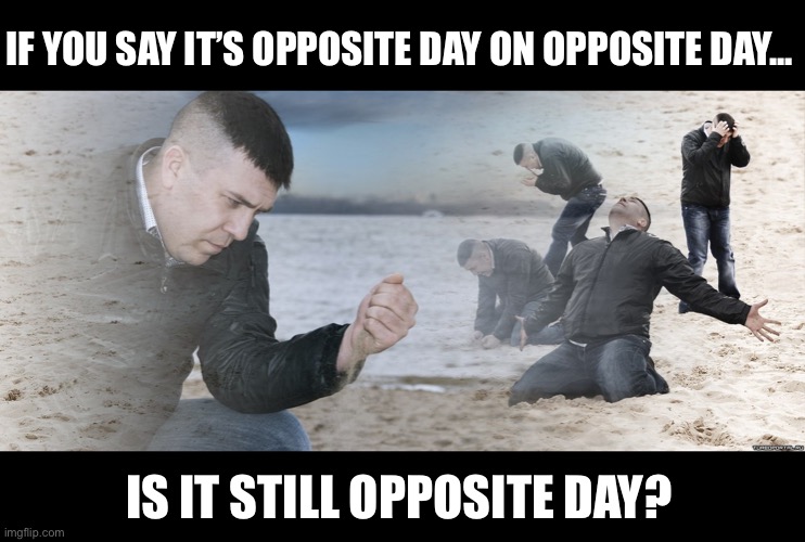 Happy Opposite Day | IF YOU SAY IT’S OPPOSITE DAY ON OPPOSITE DAY... IS IT STILL OPPOSITE DAY? | image tagged in guy with sand in the hands of despair | made w/ Imgflip meme maker