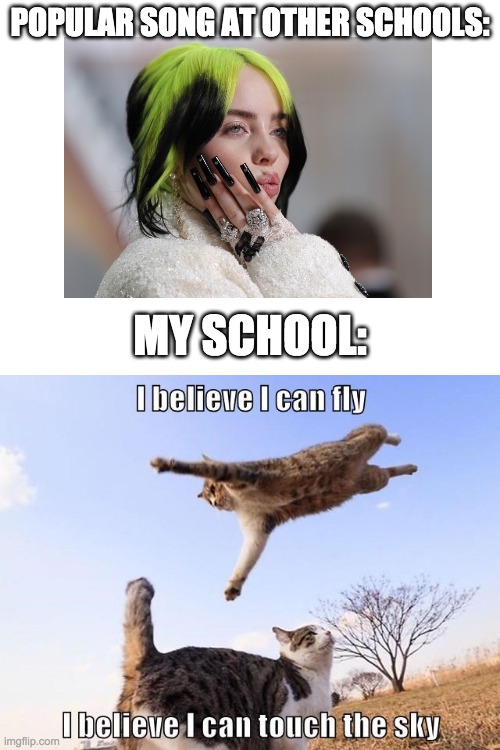 fly | POPULAR SONG AT OTHER SCHOOLS:; MY SCHOOL: | image tagged in blank white template,i believe i can fly,uwu | made w/ Imgflip meme maker