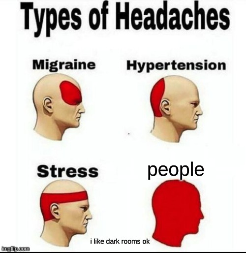 Types of Headaches meme | people; i like dark rooms ok | image tagged in types of headaches meme | made w/ Imgflip meme maker