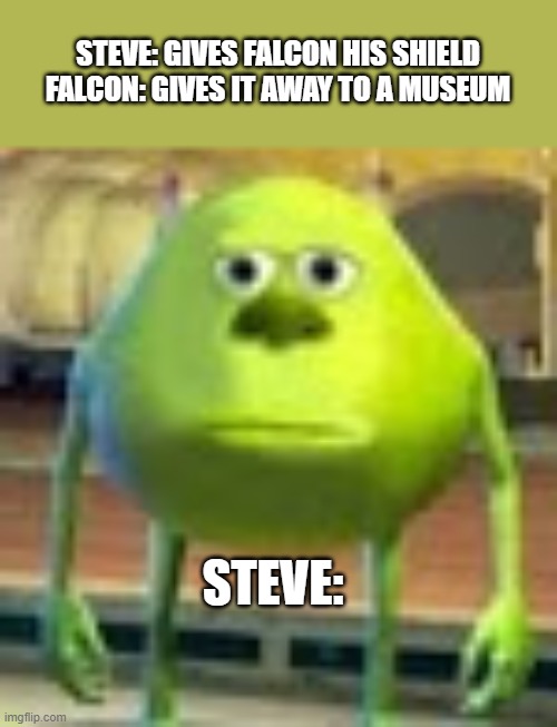 Sully Wazowski |  STEVE: GIVES FALCON HIS SHIELD
FALCON: GIVES IT AWAY TO A MUSEUM; STEVE: | image tagged in sully wazowski,marvel cinematic universe,marvel | made w/ Imgflip meme maker