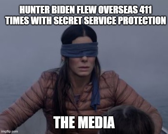 Bird box blindfolded |  HUNTER BIDEN FLEW OVERSEAS 411 TIMES WITH SECRET SERVICE PROTECTION; THE MEDIA | image tagged in bird box blindfolded | made w/ Imgflip meme maker
