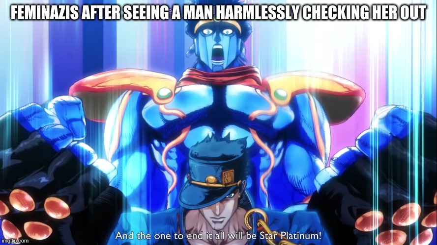 feminazis | FEMINAZIS AFTER SEEING A MAN HARMLESSLY CHECKING HER OUT | image tagged in star platinum hates | made w/ Imgflip meme maker