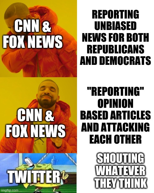 Drake Hotline Bling | REPORTING UNBIASED NEWS FOR BOTH REPUBLICANS AND DEMOCRATS; CNN & FOX NEWS; "REPORTING" OPINION BASED ARTICLES AND ATTACKING EACH OTHER; CNN & FOX NEWS; SHOUTING WHATEVER THEY THINK; TWITTER | image tagged in memes,drake hotline bling | made w/ Imgflip meme maker