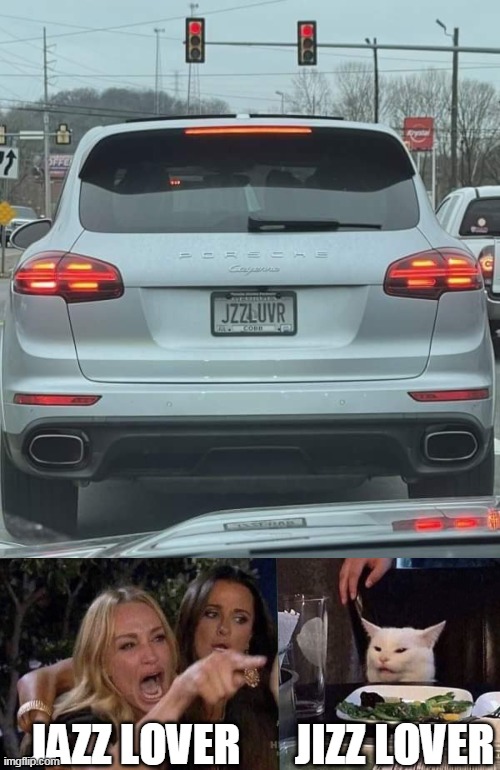 JAZZ LOVER; JIZZ LOVER | image tagged in woman yelling at cat,memes,license plate | made w/ Imgflip meme maker