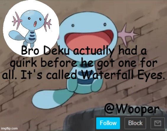 e | Bro Deku actually had a quirk before he got one for all. It's called Waterfall Eyes. | image tagged in wooper template | made w/ Imgflip meme maker