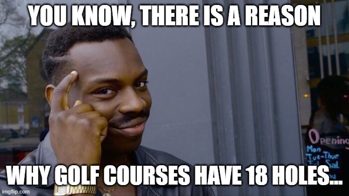 Roll safe and think about it. | YOU KNOW, THERE IS A REASON; WHY GOLF COURSES HAVE 18 HOLES... | image tagged in memes,roll safe think about it,18 holes,golf course,golf spelled backwards is flog | made w/ Imgflip meme maker