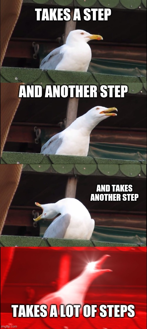 Inhaling Seagull | TAKES A STEP; AND ANOTHER STEP; AND TAKES ANOTHER STEP; TAKES A LOT OF STEPS | image tagged in memes,inhaling seagull | made w/ Imgflip meme maker