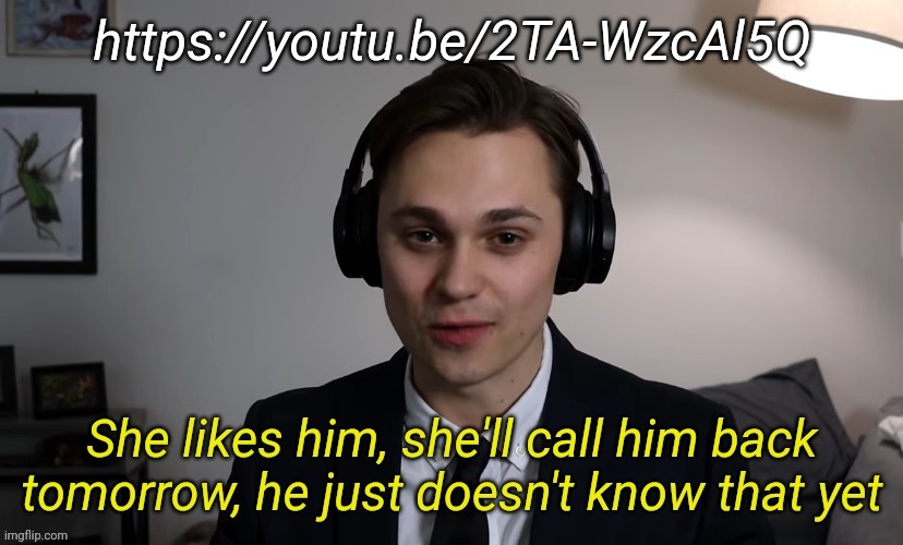 https://youtu.be/2TA-WzcAl5Q | https://youtu.be/2TA-WzcAl5Q | image tagged in she likes him she'll call him back tomorrow | made w/ Imgflip meme maker