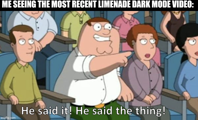 RaiD shADoW leGENdS guY | ME SEEING THE MOST RECENT LIMENADE DARK MODE VIDEO: | image tagged in he said the thing | made w/ Imgflip meme maker