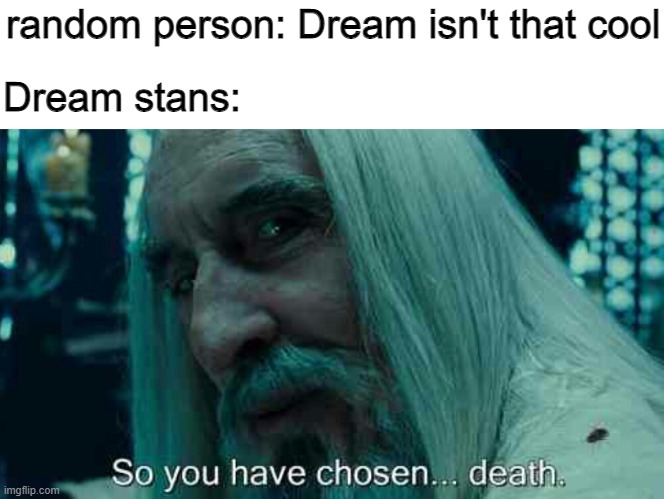 and he defends them... | random person: Dream isn't that cool; Dream stans: | image tagged in so you have chosen death,dream,pc gaming,funny memes | made w/ Imgflip meme maker