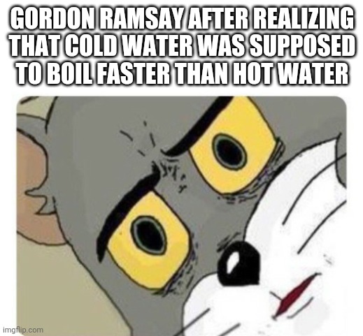 Shocked Tom | GORDON RAMSAY AFTER REALIZING THAT COLD WATER WAS SUPPOSED TO BOIL FASTER THAN HOT WATER | image tagged in shocked tom | made w/ Imgflip meme maker
