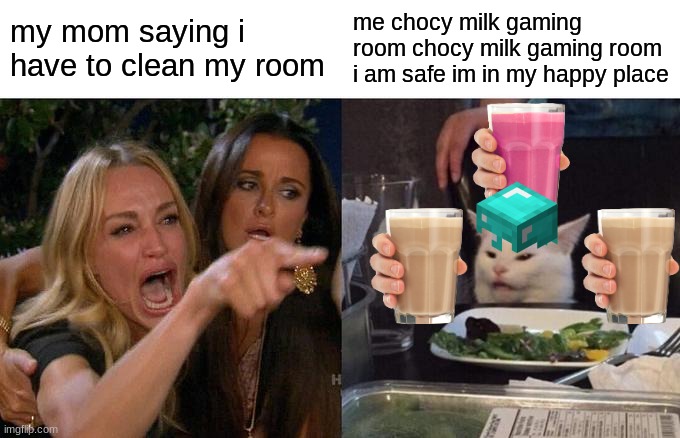 Woman Yelling At Cat Meme | my mom saying i have to clean my room; me chocy milk gaming room chocy milk gaming room i am safe im in my happy place | image tagged in memes,woman yelling at cat | made w/ Imgflip meme maker