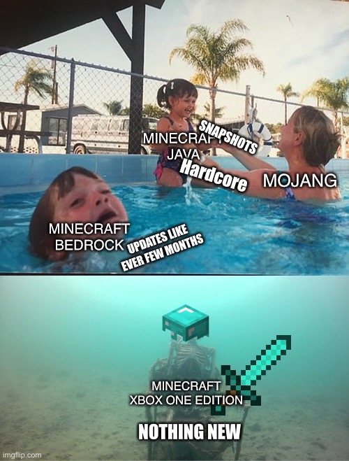 Mojang be like | MINECRAFT JAVA; SNAPSHOTS; MOJANG; Hardcore; MINECRAFT BEDROCK; UPDATES LIKE EVER FEW MONTHS; MINECRAFT XBOX ONE EDITION; NOTHING NEW | image tagged in mother ignoring kid drowning in a pool | made w/ Imgflip meme maker