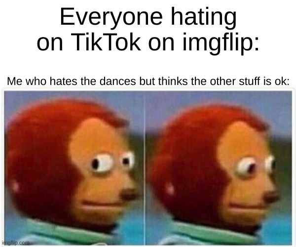 I'm gonna drown in downvotes :( | Everyone hating on TikTok on imgflip:; Me who hates the dances but thinks the other stuff is ok: | image tagged in memes,monkey puppet | made w/ Imgflip meme maker