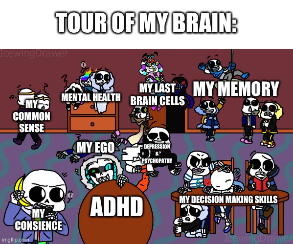 here you go | TOUR OF MY BRAIN:; MY MEMORY; MY LAST BRAIN CELLS; MY COMMON SENSE; MENTAL HEALTH; DEPRESSION & PSYCHOPATHY; MY EGO; MY CONSIENCE; MY DECISION MAKING SKILLS; ADHD | image tagged in memes,funny,brain | made w/ Imgflip meme maker