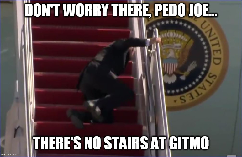 On the bright side, anyway | DON'T WORRY THERE, PEDO JOE... THERE'S NO STAIRS AT GITMO | image tagged in biden trip fall,pedo joe,election fraud,qanon | made w/ Imgflip meme maker