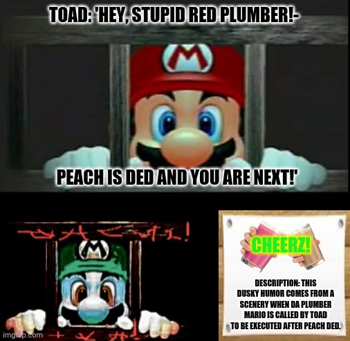 Mario In Jail | TOAD: 'HEY, STUPID RED PLUMBER!-; PEACH IS DED AND YOU ARE NEXT!'; CHEERZ! DESCRIPTION: THIS DUSKY HUMOR COMES FROM A SCENERY WHEN DA PLUMBER MARIO IS CALLED BY TOAD TO BE EXECUTED AFTER PEACH DED. | image tagged in memes,depressed mario,execution | made w/ Imgflip meme maker