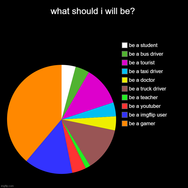 what should i be | what should i will be? | be a gamer, be a imgflip user, be a youtuber, be a teacher, be a truck driver, be a doctor, be a taxi driver, be a  | image tagged in charts,pie charts | made w/ Imgflip chart maker