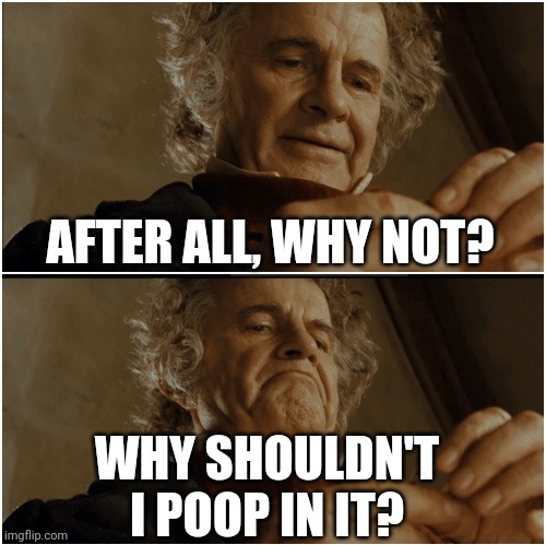 Bilbo - Why shouldn’t I keep it? | AFTER ALL, WHY NOT? WHY SHOULDN'T I POOP IN IT? | image tagged in bilbo - why shouldn t i keep it | made w/ Imgflip meme maker