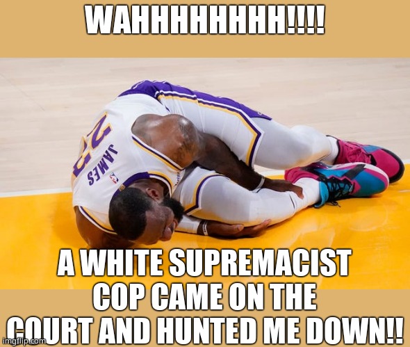 New hate crime alert! | WAHHHHHHHH!!!! A WHITE SUPREMACIST COP CAME ON THE COURT AND HUNTED ME DOWN!! | image tagged in lebron james,whiny celeb | made w/ Imgflip meme maker