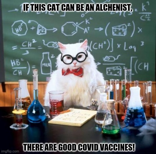 Chemistry Cat Meme | IF THIS CAT CAN BE AN ALCHENIST, THERE ARE GOOD COVID VACCINES! | image tagged in memes,chemistry cat,corona virus | made w/ Imgflip meme maker