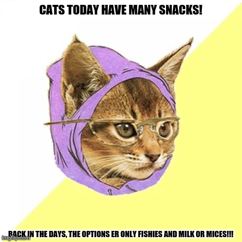 Hipster Kitty | CATS TODAY HAVE MANY SNACKS! BACK IN THE DAYS, THE OPTIONS ER ONLY FISHIES AND MILK OR MICES!!! | image tagged in memes,hipster kitty,back in the day | made w/ Imgflip meme maker