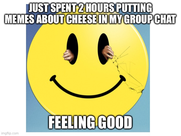 haha depression amirite | JUST SPENT 2 HOURS PUTTING MEMES ABOUT CHEESE IN MY GROUP CHAT; FEELING GOOD | image tagged in cheese,sad | made w/ Imgflip meme maker